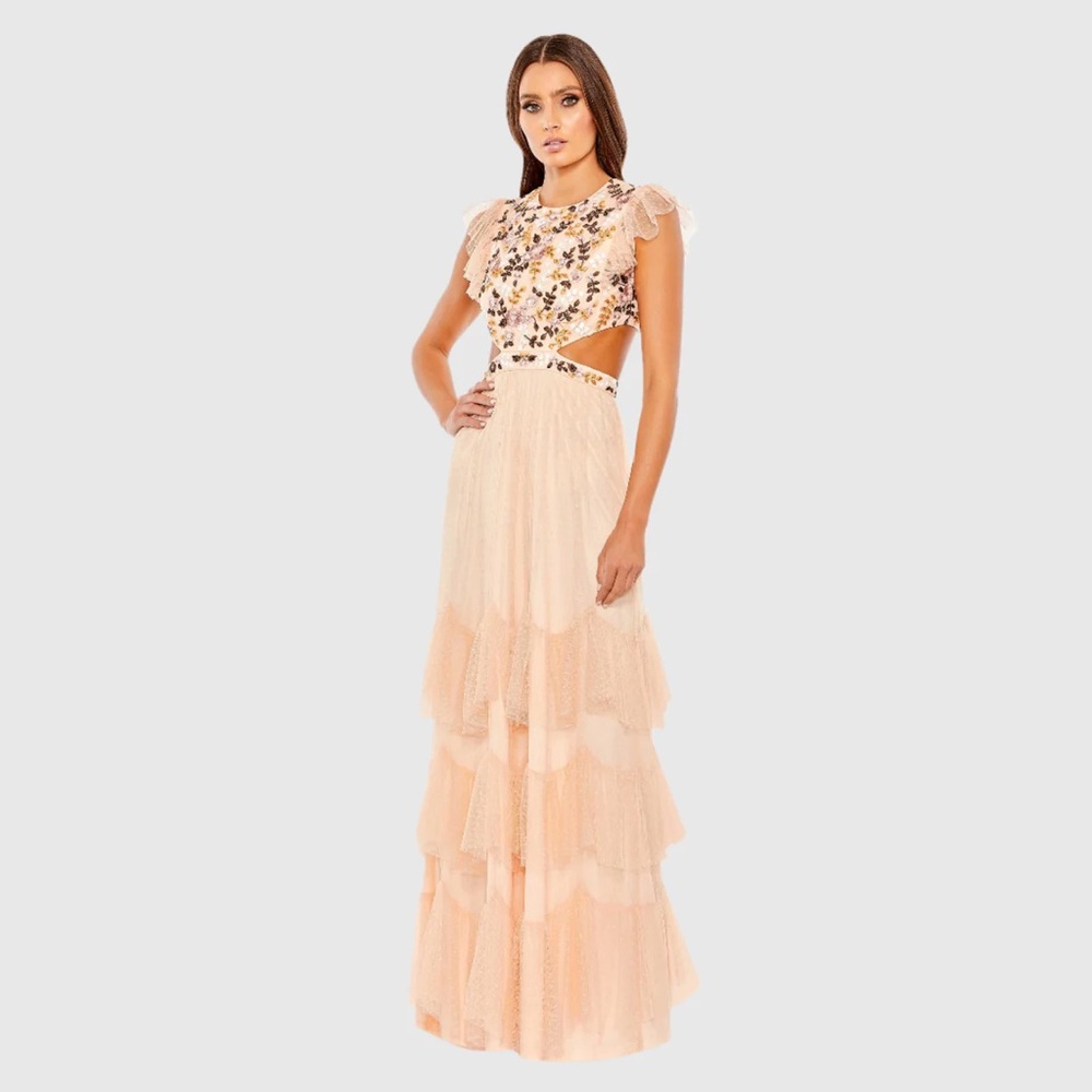 Embroidered Bodice Cap Sleeve Ruffle Tiered Gown
